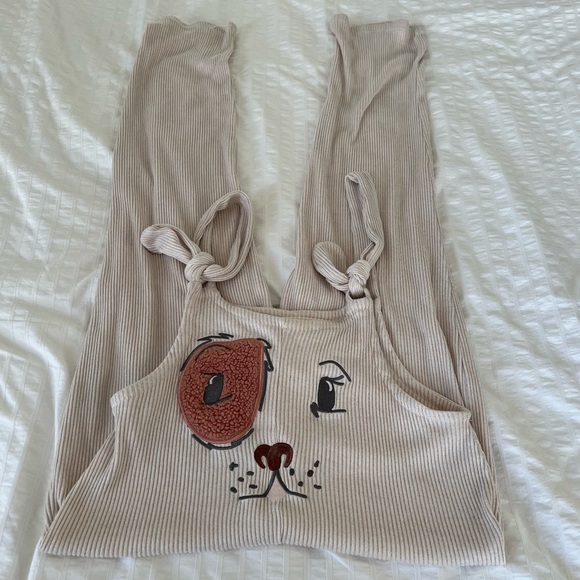 La Vie En Rose Pants - La Vie en Rose 3D Puppy Cream Ribbed Jumpsuit, S